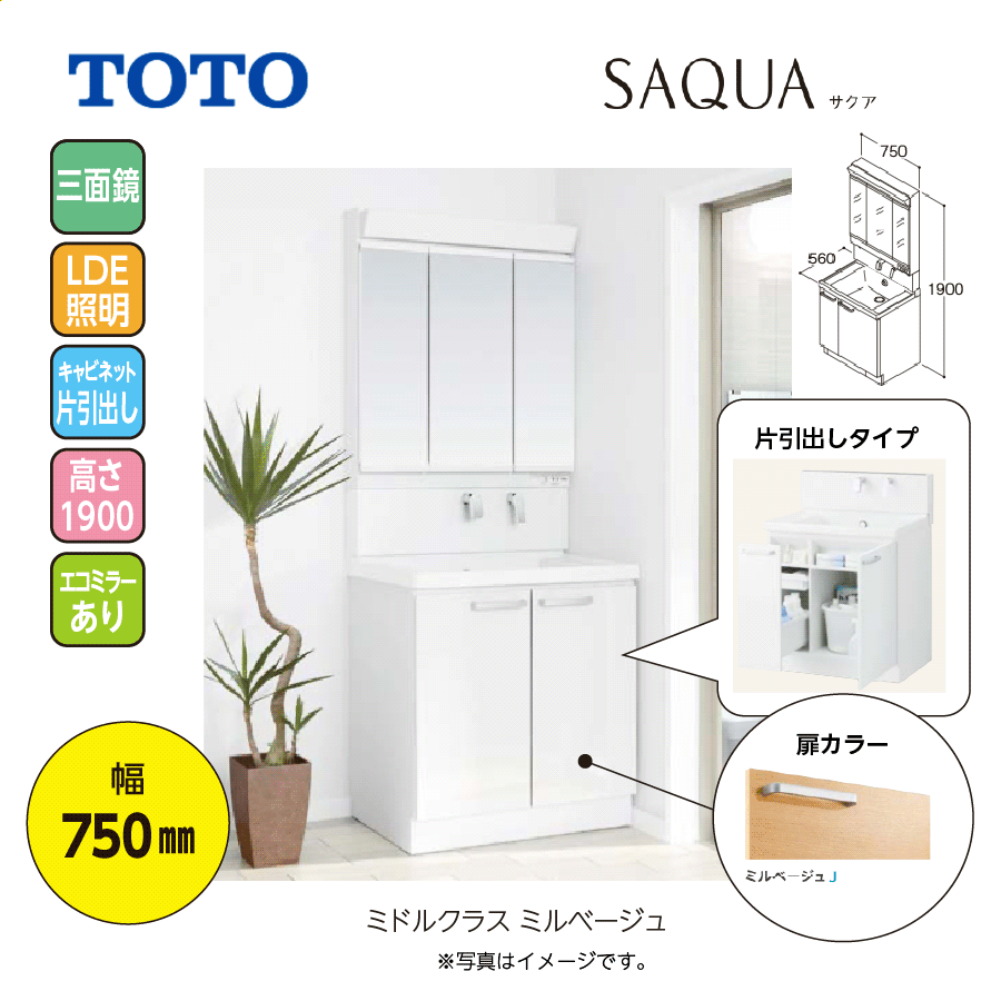 SAQUA LDSWB075BJGEN1J+LMWB075A3GLC2G 幅750 高1900 エコミラー有 ミドルクラス ミルベージュ 片引き出し